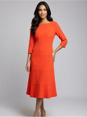 Sophisticated Orange Midi Dress with Three-Quarter Sleeves